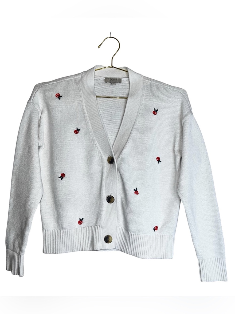 LOFT White V-Neck Cardigan with Red Cherry Embroidery Sz XS
